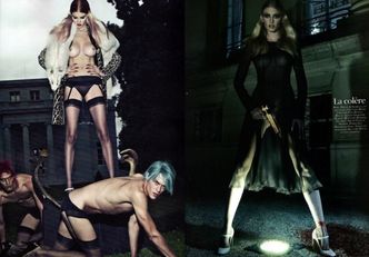 Lara Stone z mężczyznami w męskich strojach