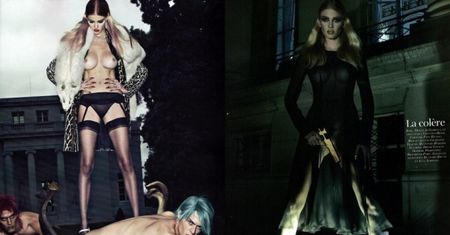Lara Stone z mężczyznami w męskich strojach