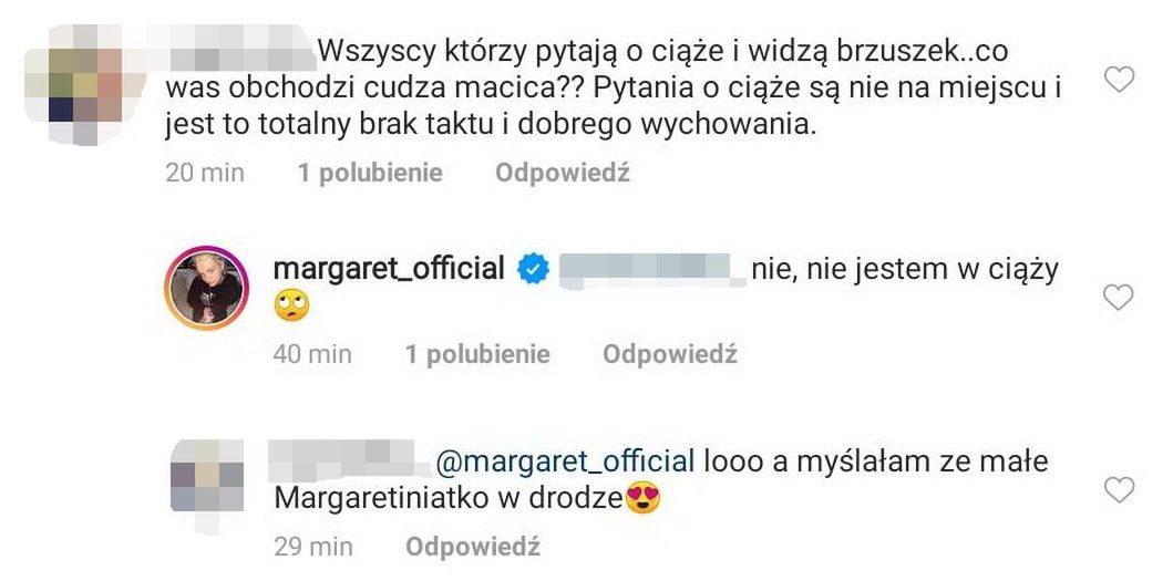 Komentarze pod zdjęciem Margaret na Instagramie