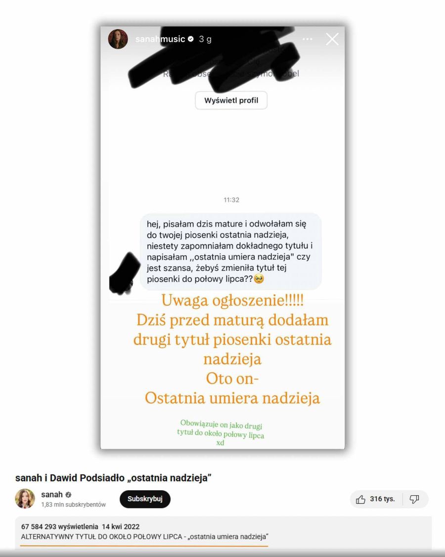 Sanah zmieniła tytuł swojej piosenki. Zrobiła to na prośbę matur