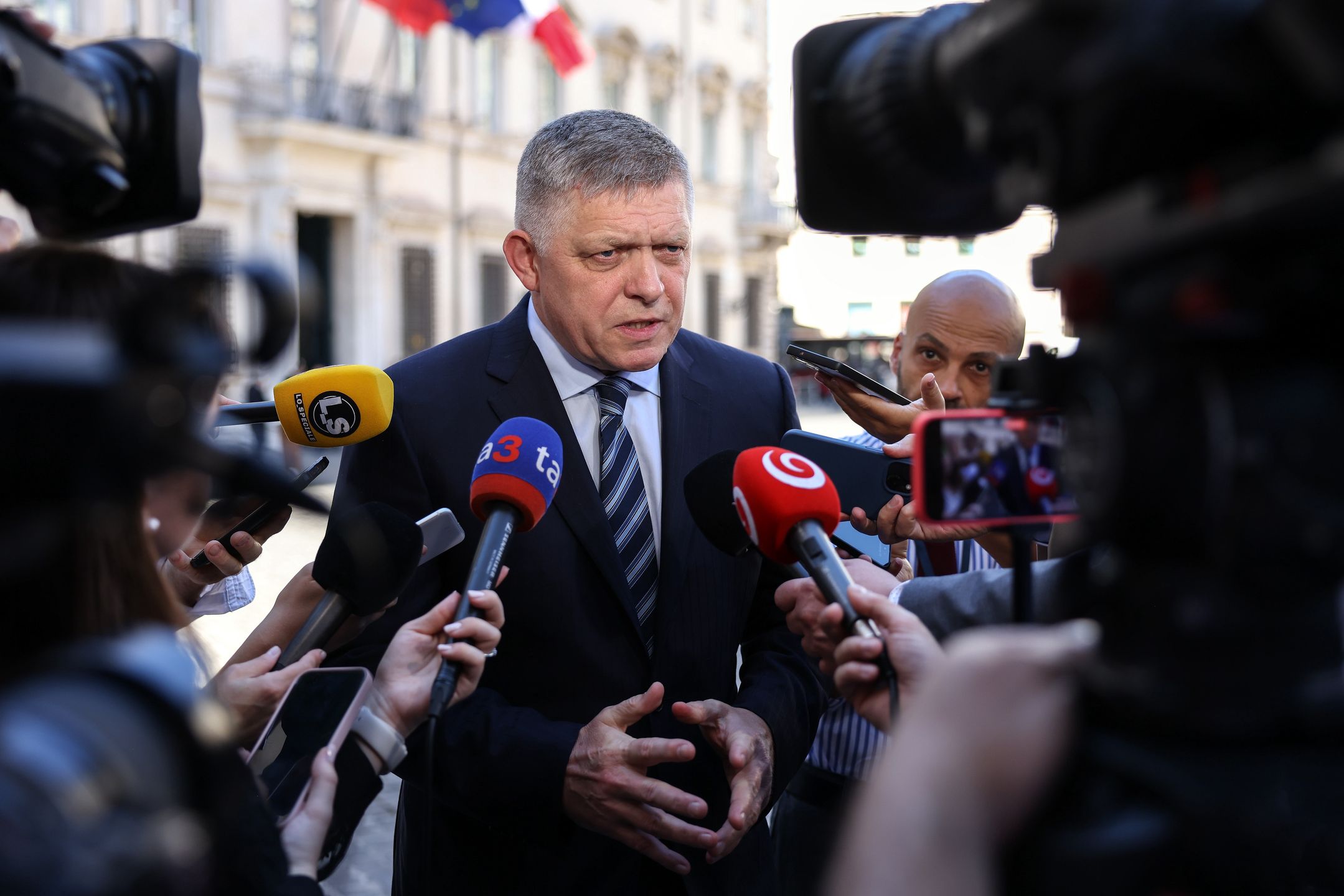 Robert Fico, Slovakia's prime minister, speaks to members of the media in Rome, Italy, on Tuesday, June 3, 2025. Fico has emerged as one of the EU's most vocal critics of sanctions against Russia, arguing they often harm Europe more. Photographer: Alessia Pierdomenico/Bloomberg via Getty Images