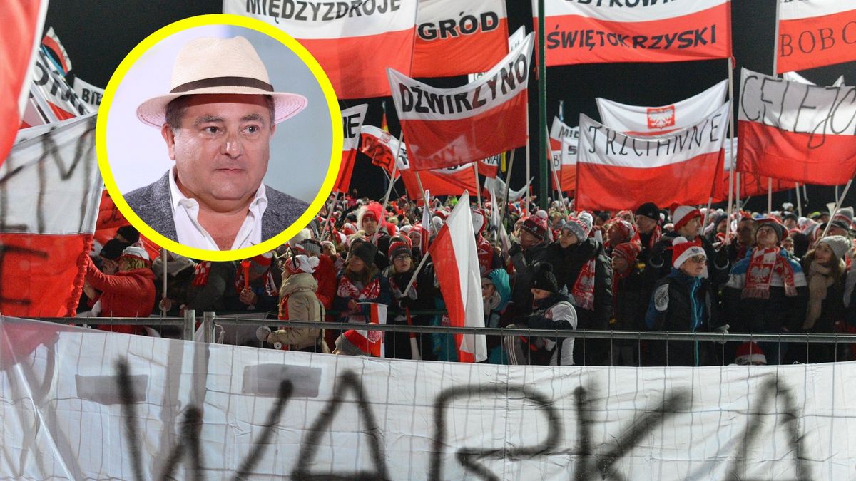 Na zdjęciu: polscy kibice, w kółeczku Robert Makłowicz