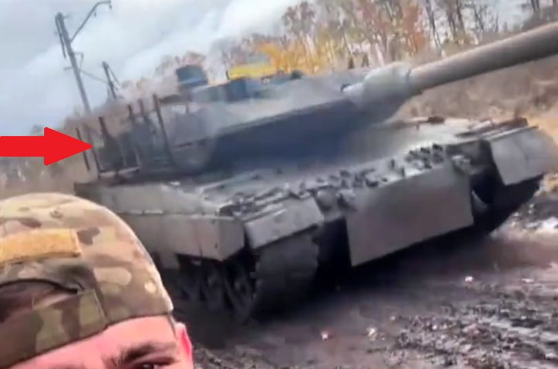 Ukrainian Leopard 2A6 reinforced with bar armor.