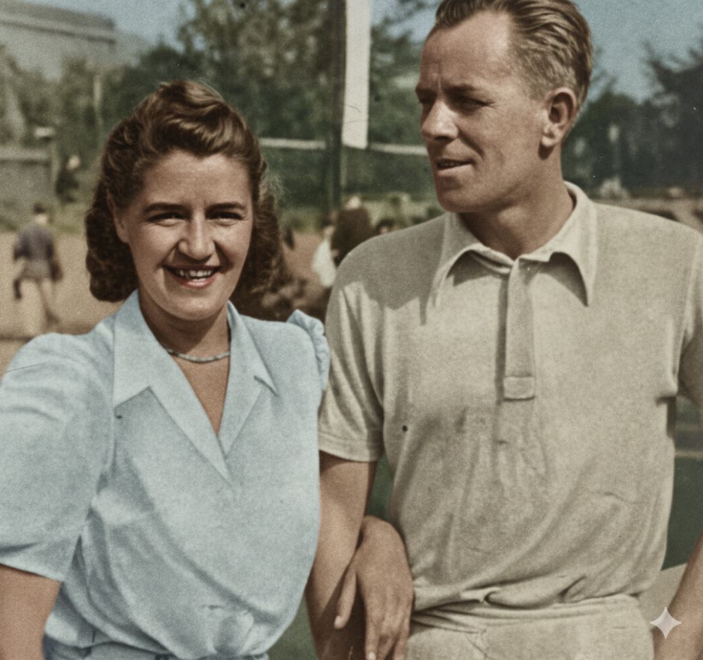 Tenisistka Jadwiga Jędrzejowska i Józef Hebda po Mistrzostwach Polski w 1945 roku fot. domena publiczna