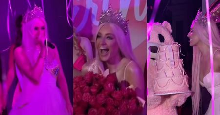 Caroline Derpienski z pompą świętuje 23. urodziny: pokaz mody, występ wokalny i wielki różowy miś
