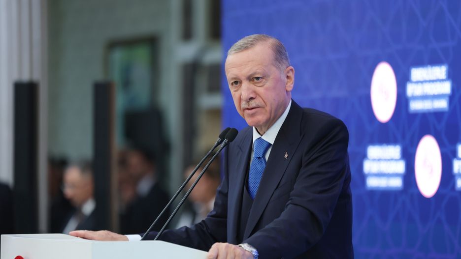 ANKARA, TURKIYE - APRIL 05: Turkish President Recep Tayyip Erdogan makes remarks as he attends an iftar (fast-breaking) dinner with the retirees during the holy Islamic fasting month of Ramadan at Gazi University Cultural Center in Ankara, Turkiye on April 05, 2023. (Photo by Mustafa Kamaci/Anadolu Agency via Getty Images)