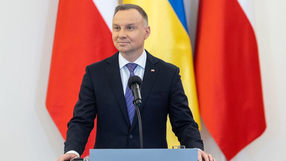 Andrzej Duda during first official visit of the Ukrainian presidential couple to Poland since Russia's invasion of Ukraine, press conference, in Warsaw, Poland on April 05, 2023. (Photo by Foto Olimpik/NurPhoto via Getty Images)