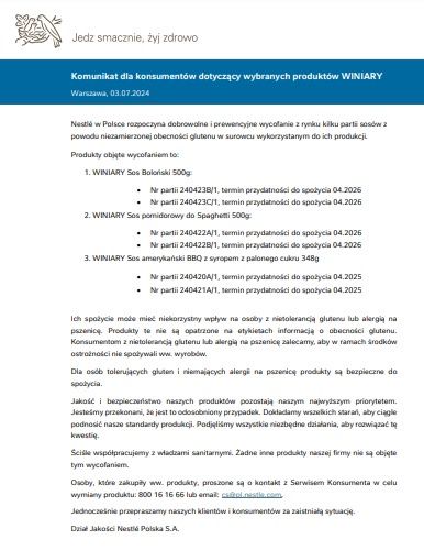 Komunikat dla konsumentów