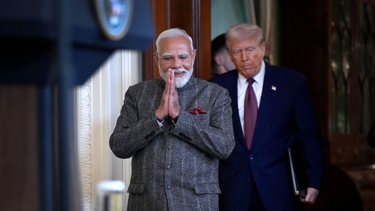 WASHINGTON, DC - FEBRUARY 13: U.S. President Donald Trump (R) and Indian Prime Minister Narendra Modi arrive for a joint press conference in the East Room at the White House on February 13, 2025 in Washington, DC. Prime Minister Modi is meeting with President Trump to discuss tariffs and trade relations in the wake of President Trump’s announcement on implementing reciprocal tariffs.   (Photo by Andrew Harnik/Getty Images)