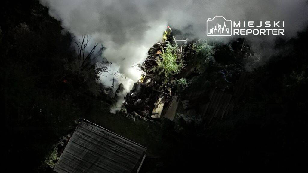 Strażacy gaszą pożar w zniszczonym budynku, otoczonym gęstą roślinnością i dymem.