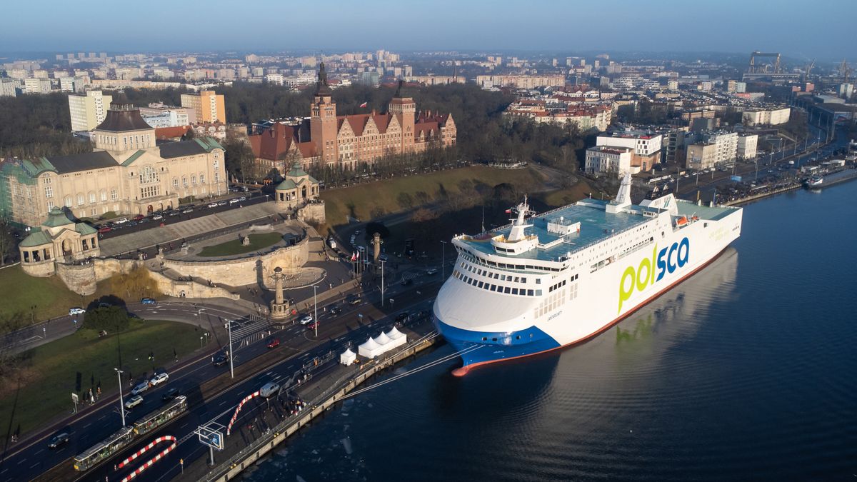 The new Ro-Pax ferry Jantar Unity, operated by Unity Line under the POLSCA Baltic Ferries brand, is moored at Waly Chrobrego for an official christening visit and a public open-day presentation ahead of entering regular service on Baltic Sea routes, in Szczecin, Poland, on January 18, 2026. (Photo by Mateusz Wlodarczyk/NurPhoto via Getty Images)