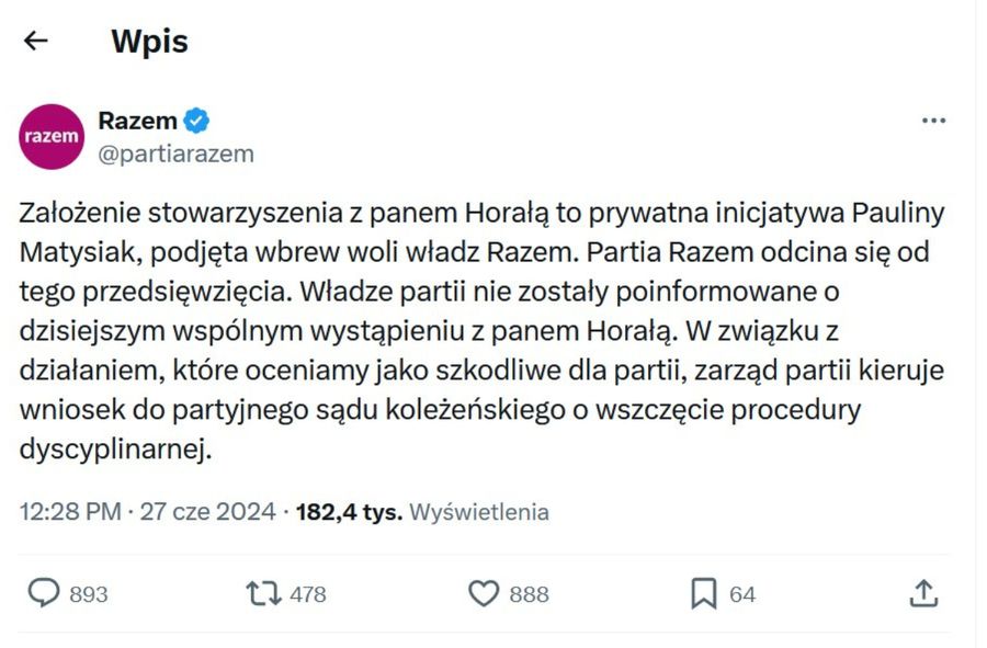 Oświadczenie partii Razem dotyczące Pauliny Matysiak