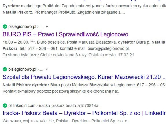 W wyszukiwarce google pani Natalia Piskorz widnieje jako dyrektor biura