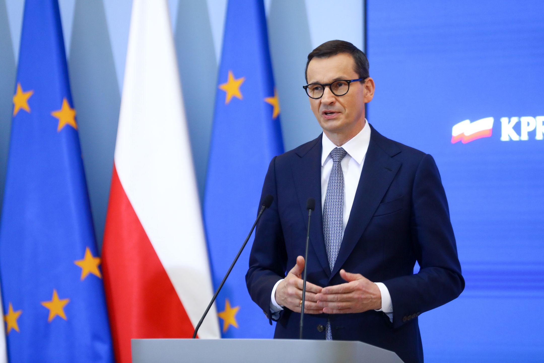 Na zdjęciu premier Mateusz Morawiecki na konferencji prasowej