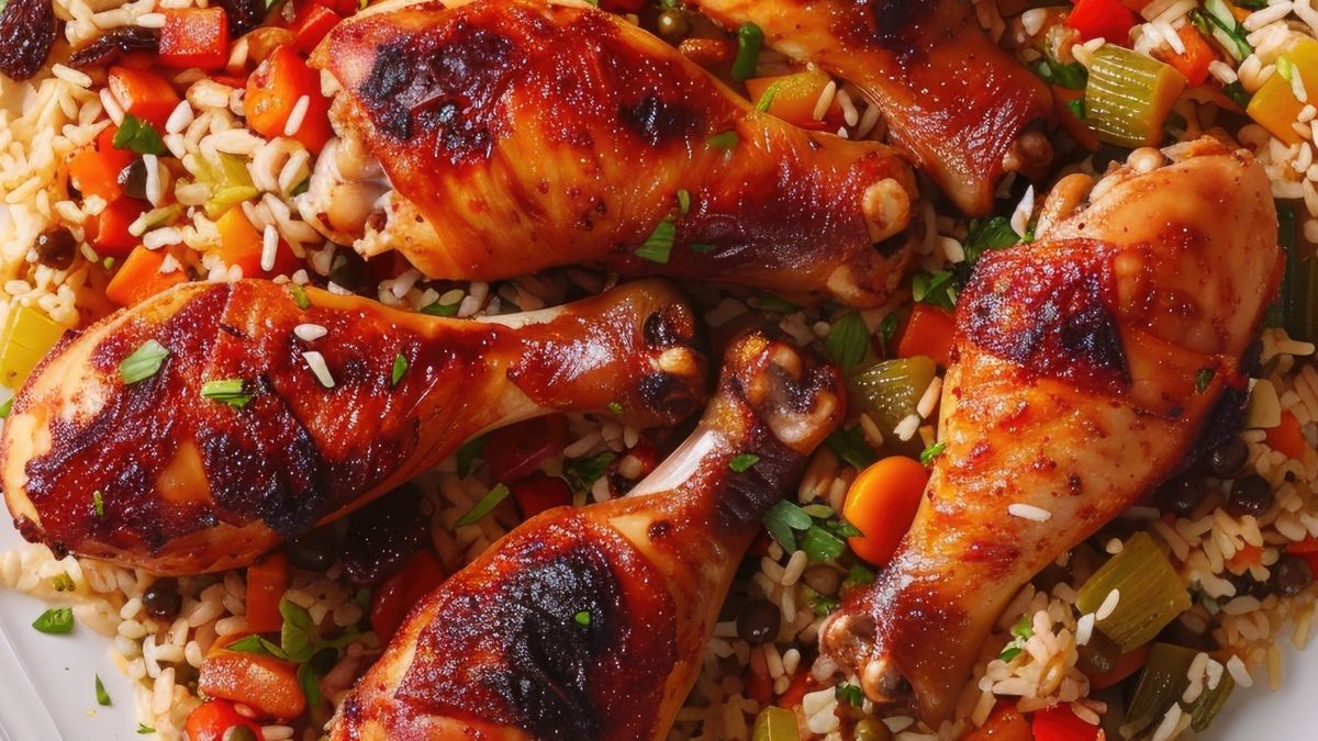 Pałki z kurczaka pieczone z ryżem i warzywami