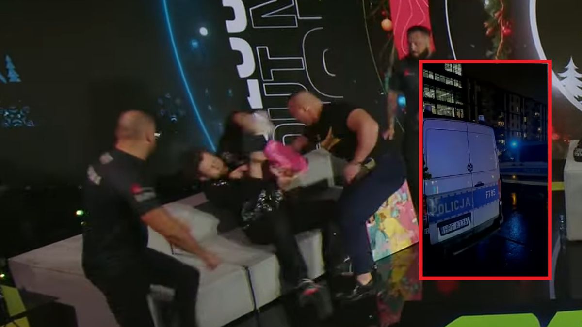 Załęcki atakuje Marconia. W ramce radiowozy, które zjawiły się przed budynkiem studia