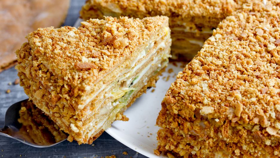 Homemade honey cake with custard and fruitcake, honey, homemade, background, cream, slice, white, pie, food, sweet, dessert, fresh, wooden, brown, tasty, gourmet, kitchen, pastry, bakery, recipe, biscuit, layered, caramel, sour, holiday, puff, medovik, celebration, classic, fruit, banana, kiwi, orange, custard, authentic, baked, comb, confectionery, delicious, dish, gingerbread, honey-cake, honeycomb, piece, restaurant, russian, snack, sponge, sugar, traditional