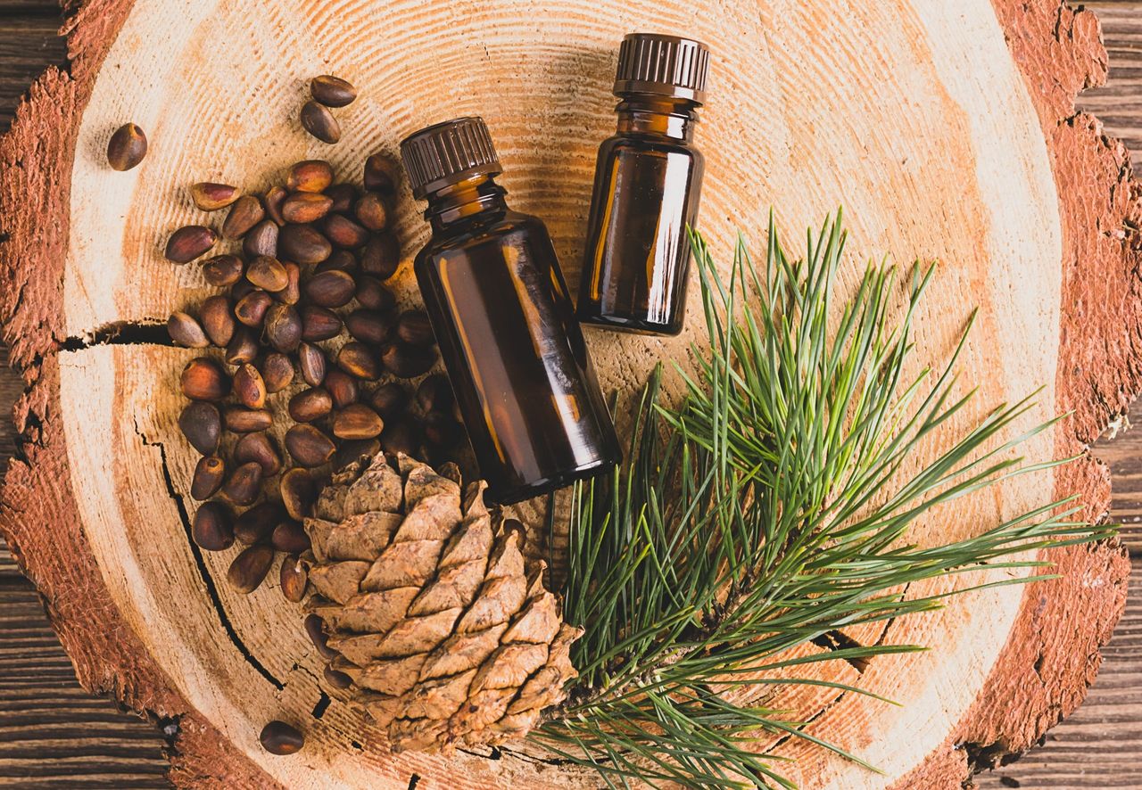 Natural organic oil from pine nuts in a bottle on a wooden background. Concept for natural cosmetics and body care. Home pharmacy. Top view flat layout