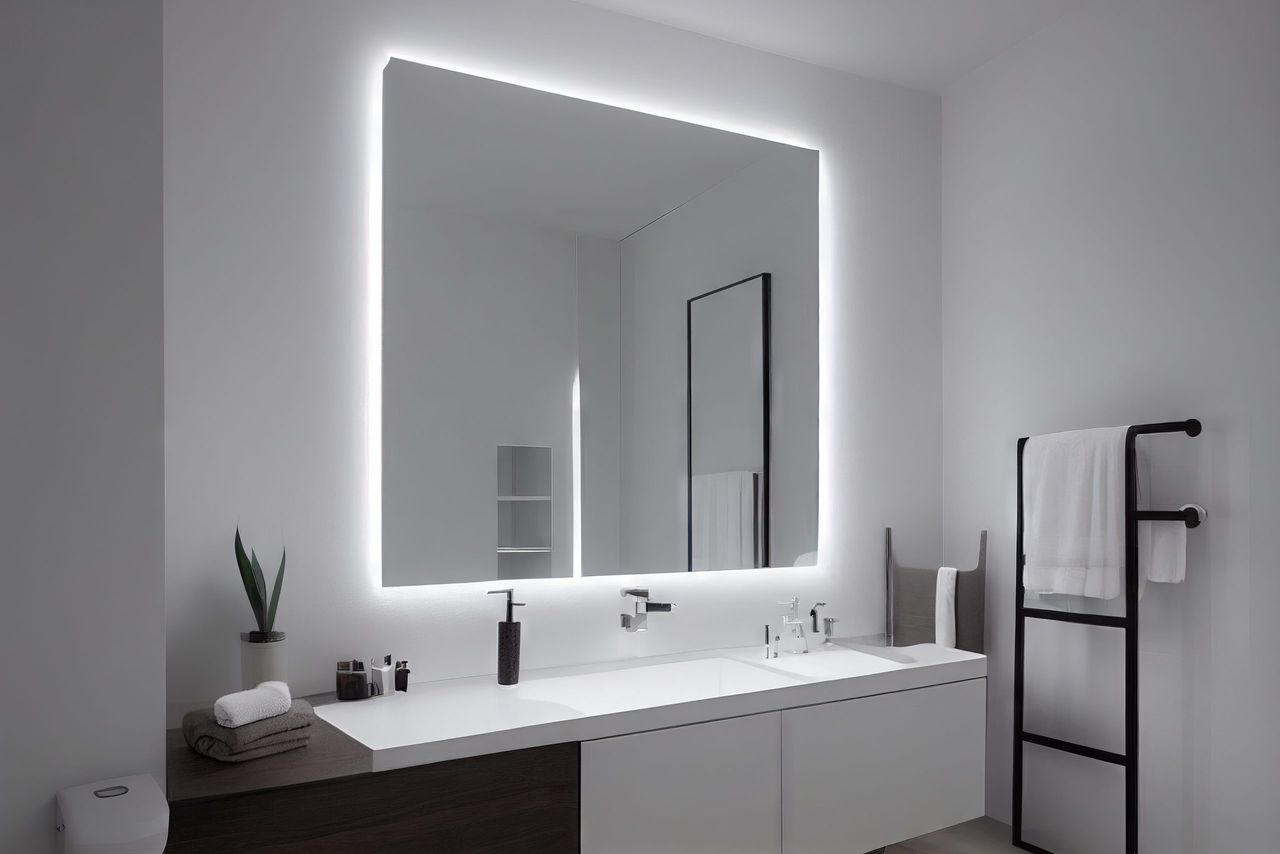 Bathroom interior with wooden finishes and large mirror on wall