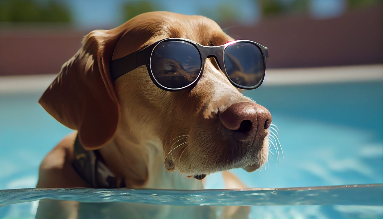 Cute retriever puppy wearing sunglasses outdoors in summer ,generative artificial intelligence