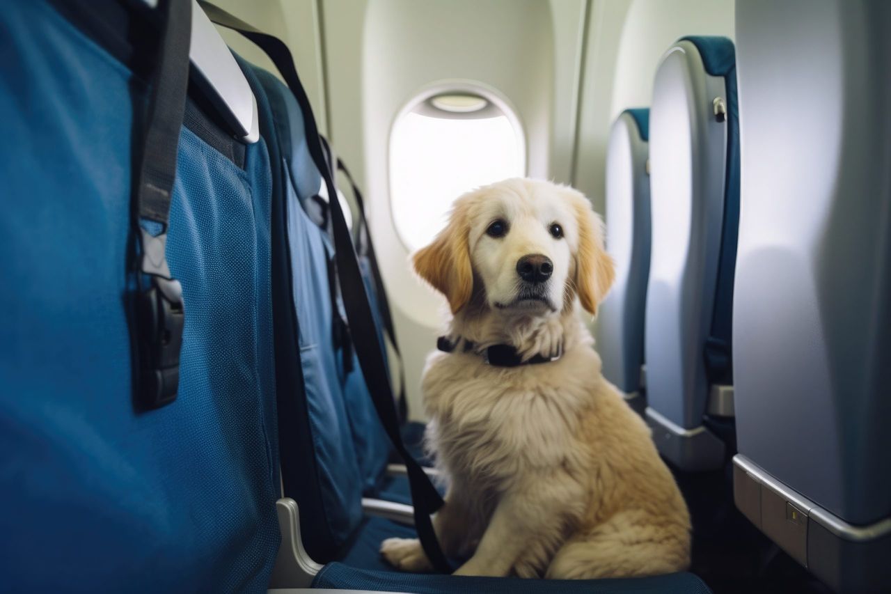 Travelling with pet. Dog on plane board near window. Airline pet transportation service. Created with Generative AI