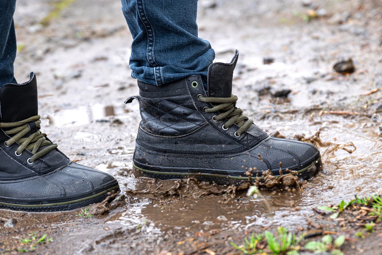 A man in jeans and boots walks through the swamp in rainy weather, in the countryside, legs close up.