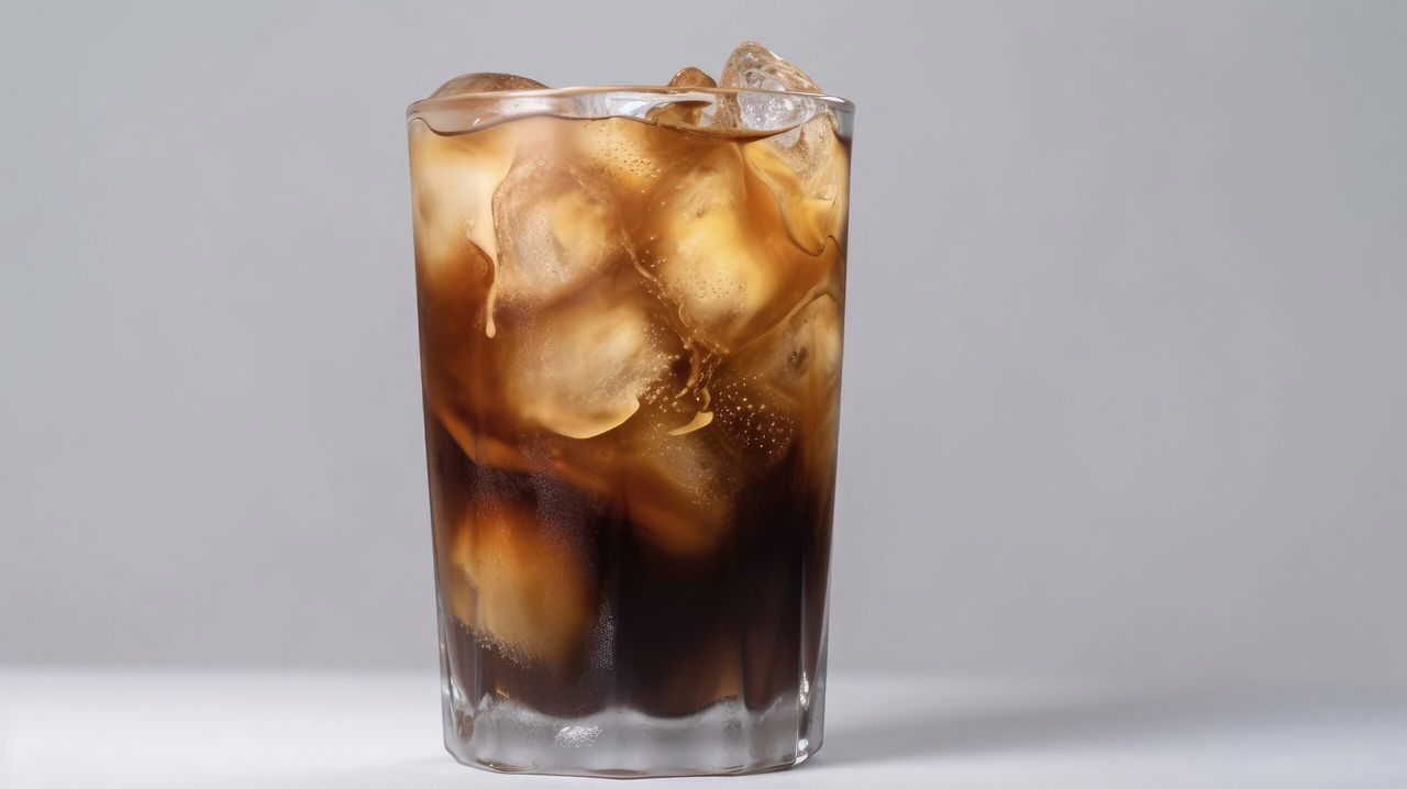 a tall glass filled with ice and cola, generative AI