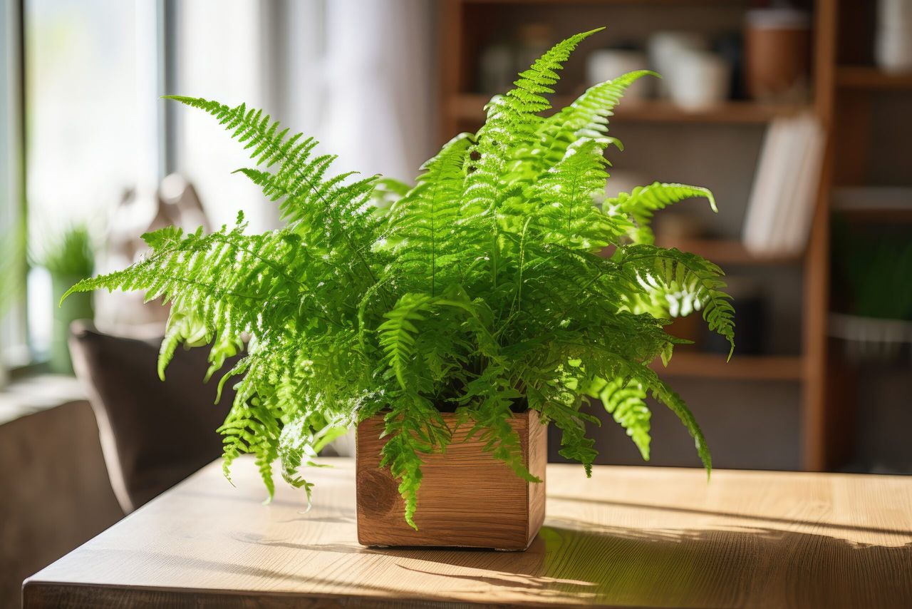 Boston fern, also known as Green Lady, sits gracefully on a wooden table, providing a touch of modernity to the home interior. The cozy decor of the living space is enhanced by this vibrant plant, creating a calming and inviting atmosphere. Perfect for a home garden, this Nephrolepis exaltata adds a fresh and natural element to the surroundings. With ample copy space, it becomes a focal point that effortlessly adds beauty to any room.