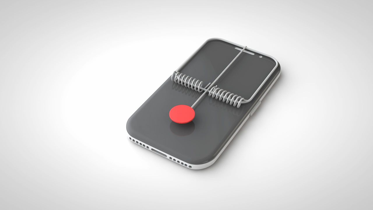 Phone scammers background. Trap in smartphone. 3d illustration