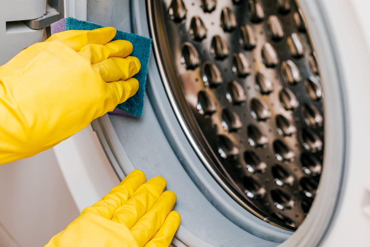 A man in yellow gloves cleans a dirty, moldy rubber seal on a washing machine. Mold, dirt, limescale in the washing machine. Periodic maintenance of household appliances.