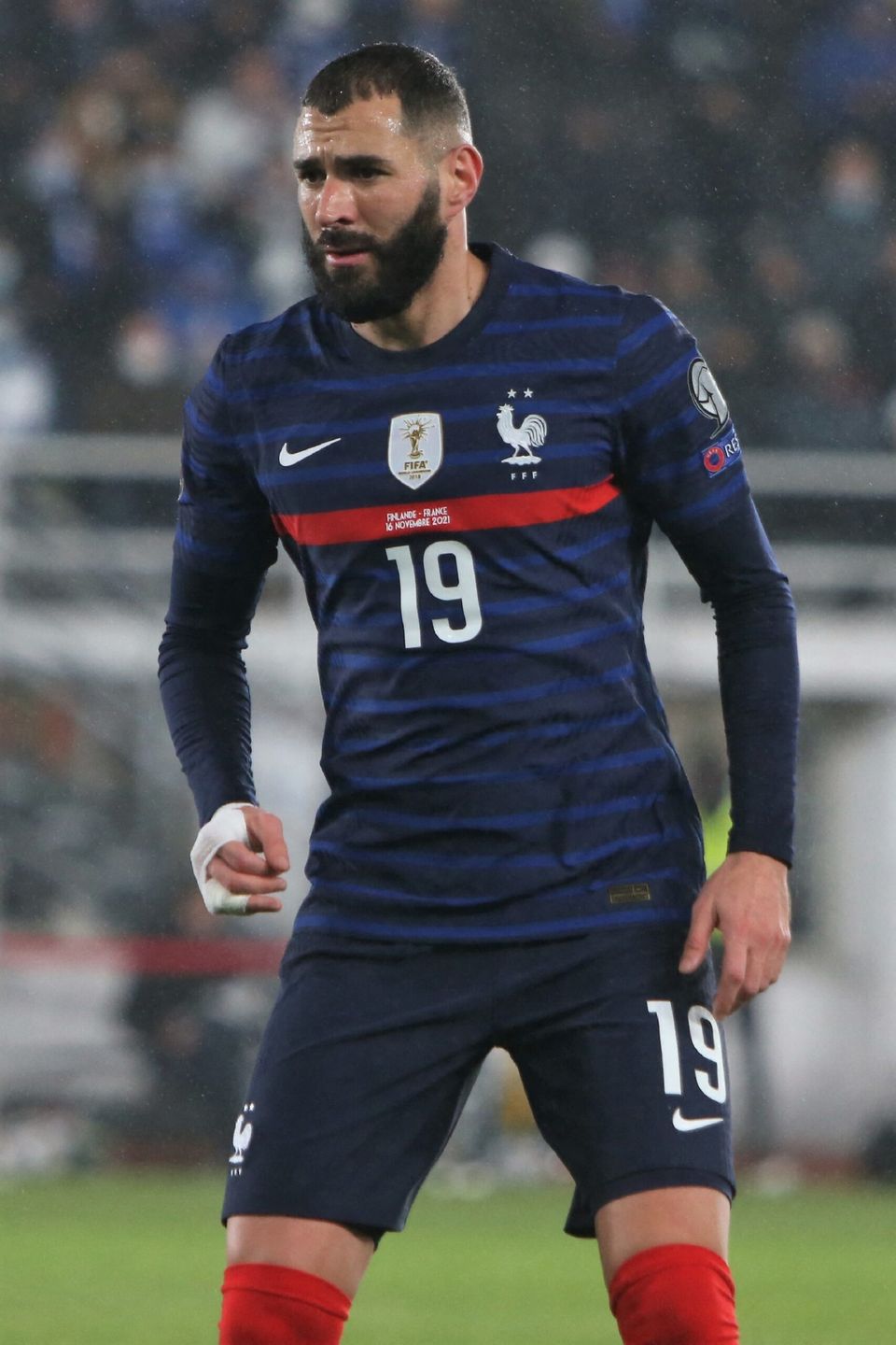 Info - Affaire de la sextape : Karim Benzema condamné à un an de prison avec sursis et 75 000 euros damende - Karim Benzema - L'équipe de France bat la Finlande (2 - 0) lors des éliminatoires pour la Coupe du monde. Helsiniki. Le 16 novembre 2021. © Laurent Lairys / Panoramic / Bestimage The FIFA World Cup 2022, Qualifiers Group D football match between Finland and France on November 16, 2021 at Olympiastadion in Helsinki, Finland.
