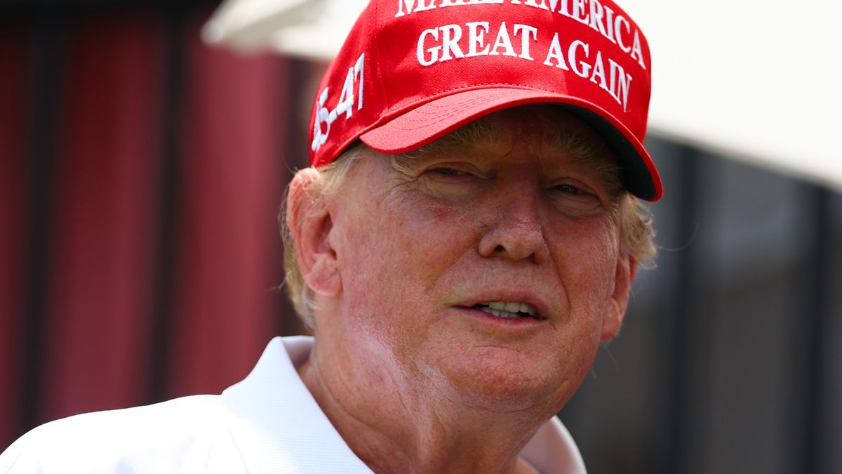 DORAL, FLORIDA - APRIL 07: Former U.S. President Donald Trump looks on at the first tee during day three of the LIV Golf Invitational - Miami at Trump National Doral Miami on April 07, 2024 in Doral, Florida. (Photo by Megan Briggs/Getty Images)