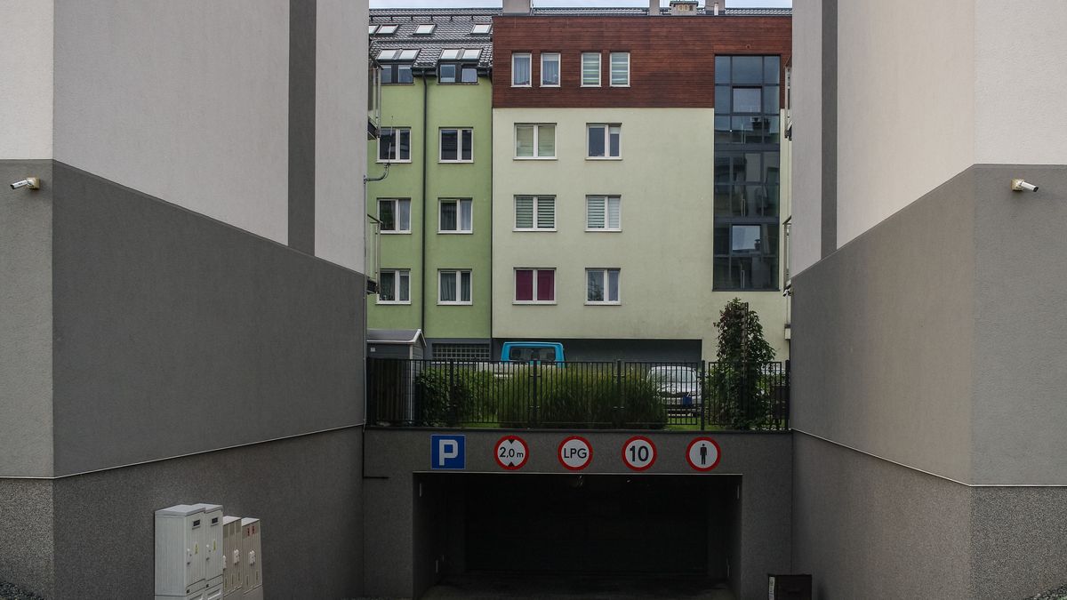 Entry to the underground garage with no entry for vehicles powered by LPG on modern block of flats estate is seen in Gdansk, Poland on 12 August 2019  (Photo by Michal Fludra/NurPhoto via Getty Images)