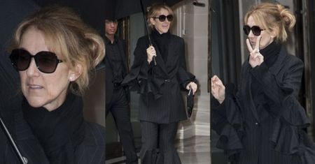 Celine Dion w czarnym garniturze z falbanami