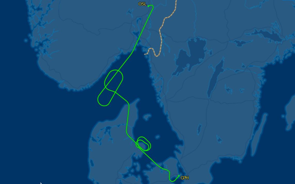 Trasa lotu z Oslo przekierowanego do Kopnehagi