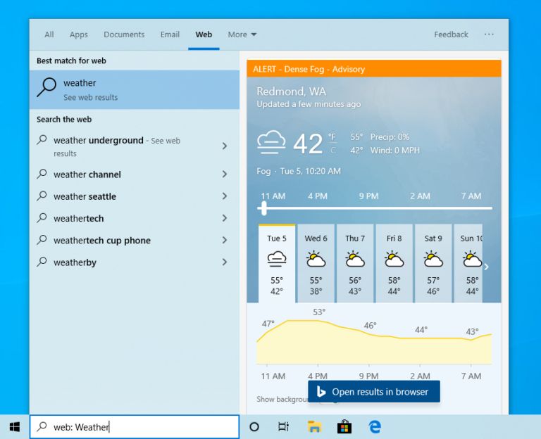 Informacje o pogodzie wśród wyników wyszukiwania w Windows 10 – jedna z nielicznych wizualnych zmian w tym wydaniu, fot. Blog Windows.
