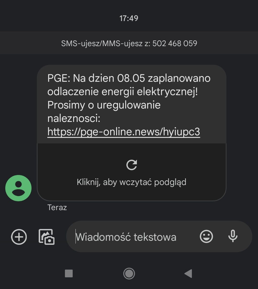 Przykładowy fałszywy SMS o odłączeniu energii elektrycznej