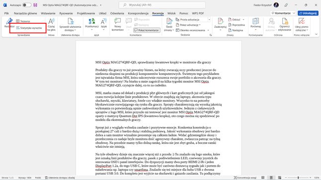 Microsoft Word: sekcja Sprawdzanie, klikamy w Statystyka wyrazów
