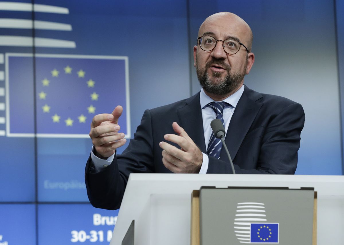 European Council President Charles Michel speaks at a press conference on the second day of a special European Summit on Ukraine, at the European Council, in Brussels, Belgium, 31 May 2022. EPA/OLIVIER HOSLET Dostawca: PAP/EPA.
