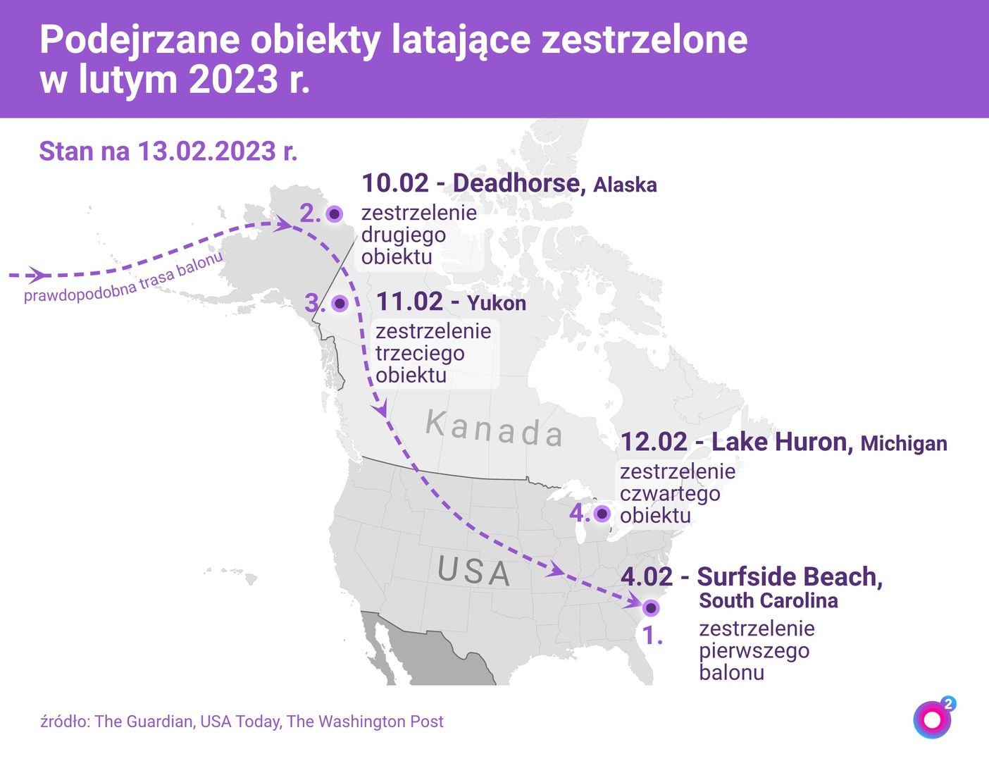 Miejsca pojawień i zestrzeleń nieznanych obiektów nad Ameryką Północną