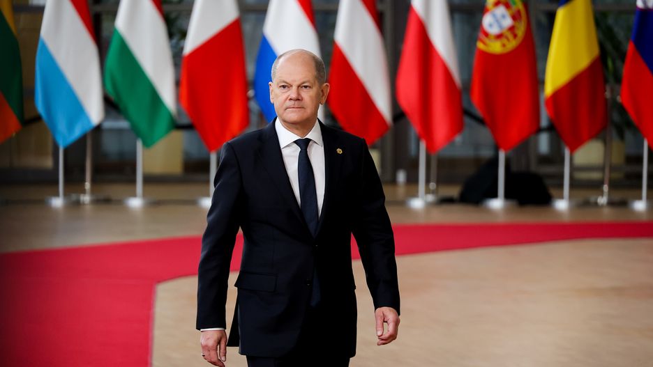 Germany's Chancellor Olaf Scholz answers journalists' questions as he arrives for a summit at EU parliament in Brussels, on February 9, 2023.  (Photo by Nicolas Economou/NurPhoto via Getty Images)