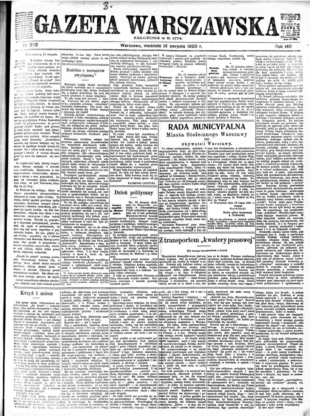 "Gazeta Warszawska" z dnia 15 sierpnia 1920 roku