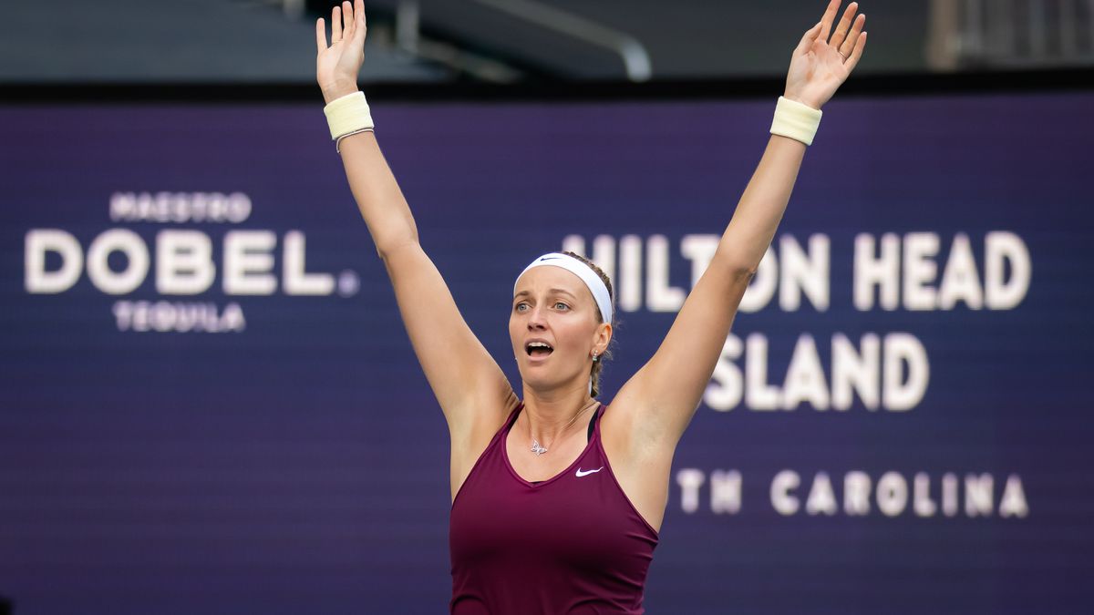 MIAMI GARDENS, FLORIDA - APRIL 01: Petra Kvitova of the Czech Republic reacts to converting match point against Elena Rybakina of Kazakhstan in the womens singles final on Day 14 of the Miami Open at Hard Rock Stadium on April 01, 2023 in Miami Gardens, Florida (Photo by Robert Prange/Getty Images)