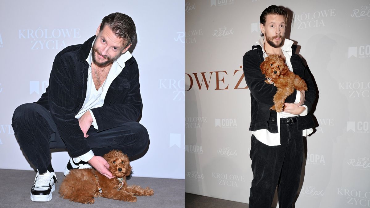 Sebastian Faijański z psem na premierze "Królowych życia"