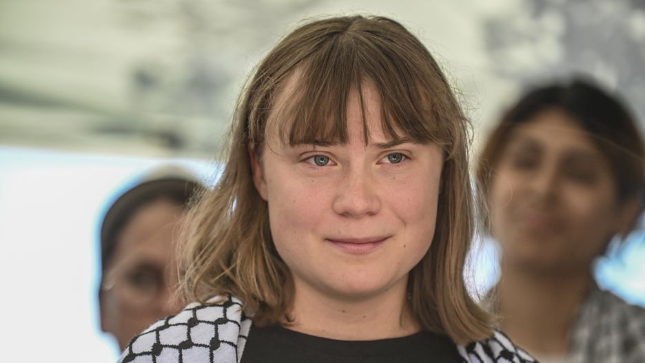 CATANIA, ITALY - JUNE 01: Greta Thunberg speaking at the press conference. Greta is part of the crew of the ship Madleen, headed to Gaza to deliver humanitarian aid on June 01, 2025 in Catania, Italy. Swedish activist Greta Thunberg is among those who will attempt to sail to Gaza on a boat organized by the Freedom Flotilla Coalition (FFC), in a bid to break Israel's blockade of the Palestinian territory. Freedom Flotilla had to abort a previous journey in early May after it said its boat came under attack by drones in international waters near Malta. (Photo by Fabrizio Villa/Getty Images)