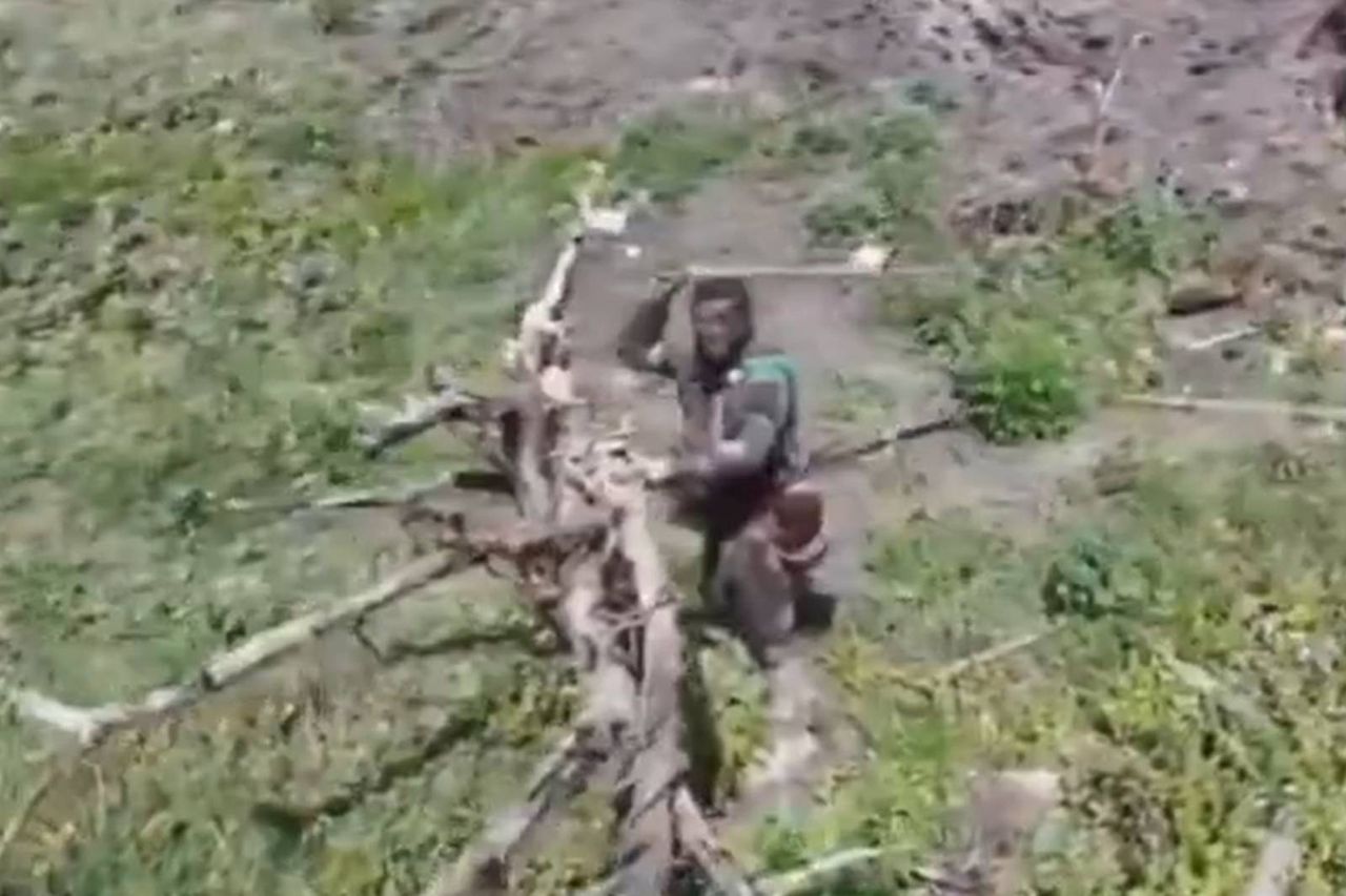 A Russian fighting a drone with a stick. The operator couldn't believe it.