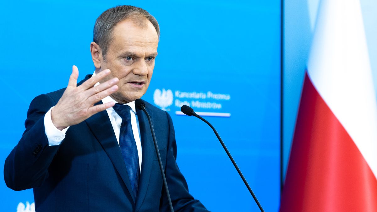 Polish Prime Minister Donald Tusk is making a statement to the press after the Council of Ministers meeting in Warsaw, Poland, on March 19, 2024. (Photo by Andrzej Iwanczuk/NurPhoto via Getty Images)