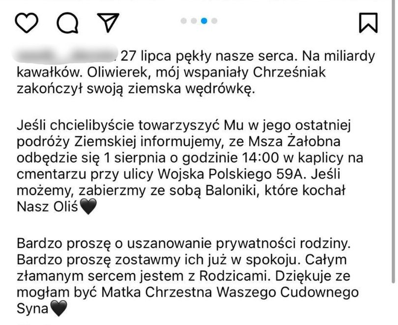 Matka chrzestna syna Magdaleny Stępień i Jakuba Rzeźniczaka żegna Oliwiera w poruszającym wpisie