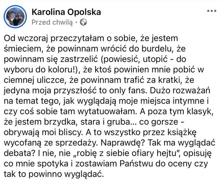 Wpis Karoliny Opolskiej o hejcie