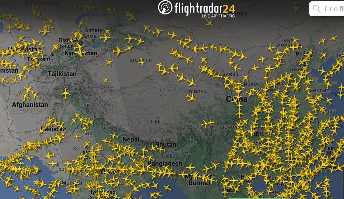 Przestrzeń nad Tybetem/ Flightradar24